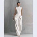 Fashion Elegant Linen Cotton Sleeveless Drapey Shirt + Pants Set