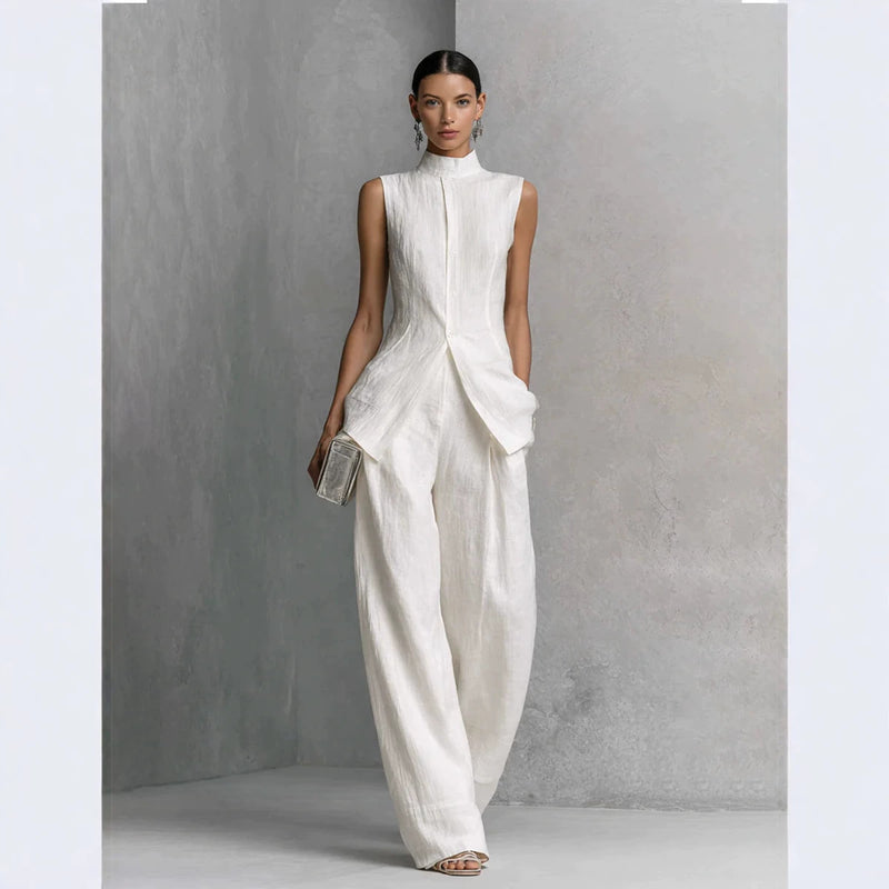 Fashion Elegant Linen Cotton Sleeveless Drapey Shirt + Pants Set