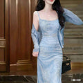 New Chinese Style Printed Stretch Mesh Fitted Long Dress