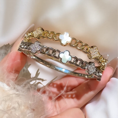 Overseas In Stock Flower Cubic Zirconia Bangle Light Luxury Fashionable Influencer Elegant Bracelet Premium Mother of Pearl Four Leaf Clover Jewelry