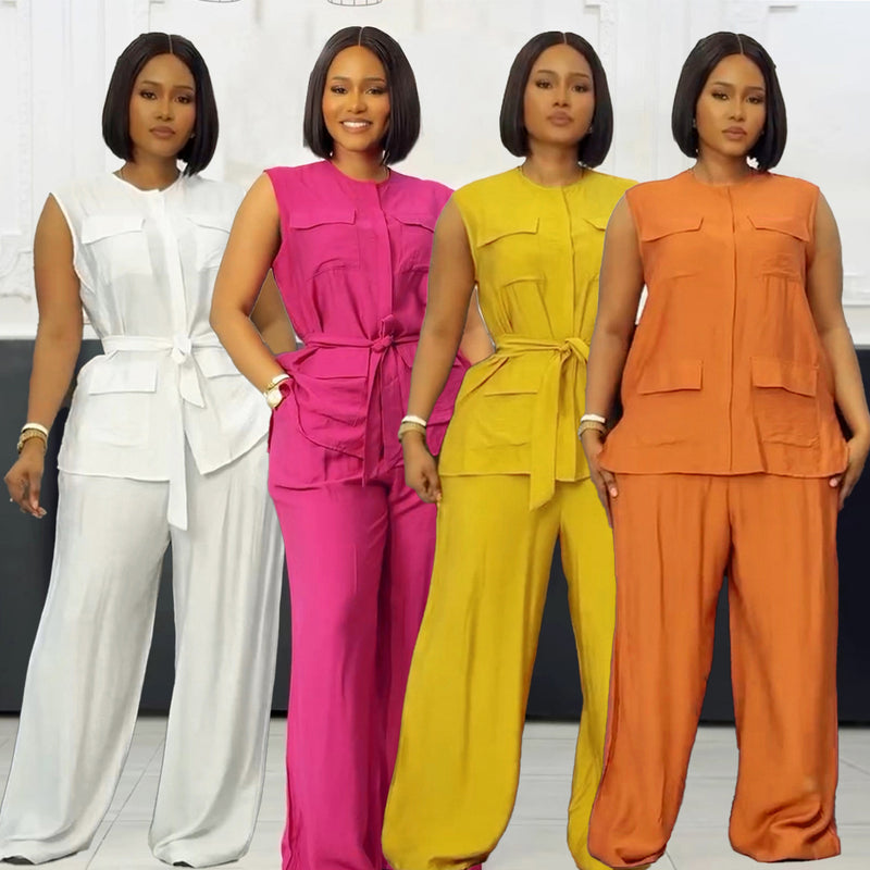Office Casual Sleeveless Crew Neck Tie-Front Wide Leg Pants + Cardigan + Tank Top 2-Piece Set