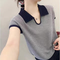 Women's Summer Elegant Unique Short Sleeve Lapel Collar Color-Block Knit Top 2026 - Off-White
