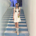 Miu Style Sleeveless Letter Logo Embroidered Lace Dress, Youthful