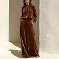 Fall-Winter Casual Slimming Velvet Pleated Wide Leg Pants + Top 2-Piece Set