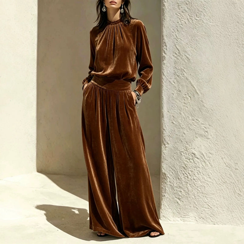 Fall-Winter Casual Slimming Velvet Pleated Wide Leg Pants + Top 2-Piece Set