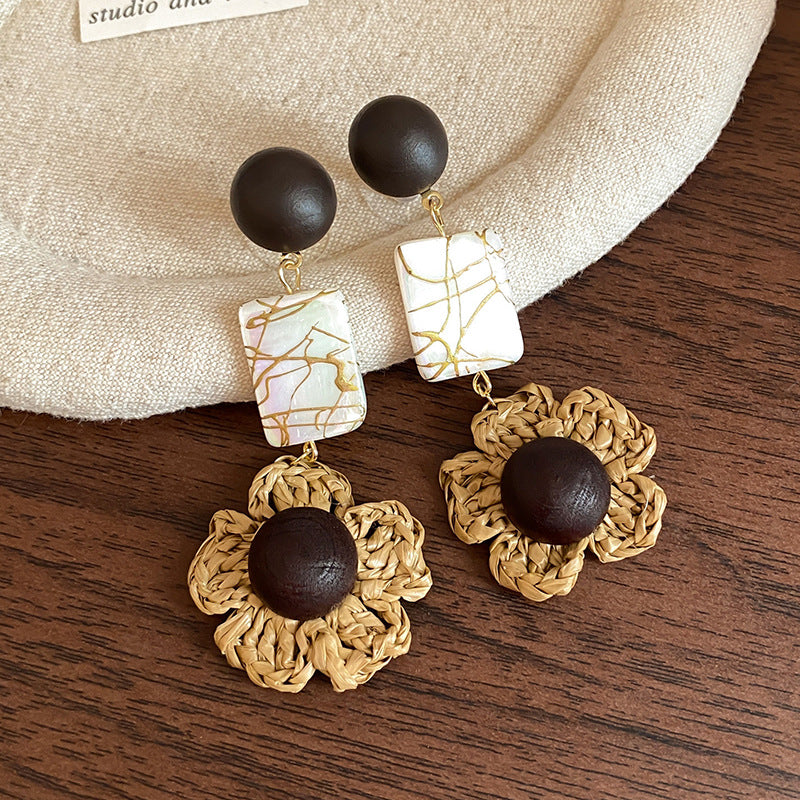 Vintage Wooden Flower Round Stud Earrings - view 2
