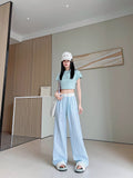 Women's Summer Casual Relaxed Plaid Textured Lightweight Wide Leg Pants + Pants 2026 - Blue
