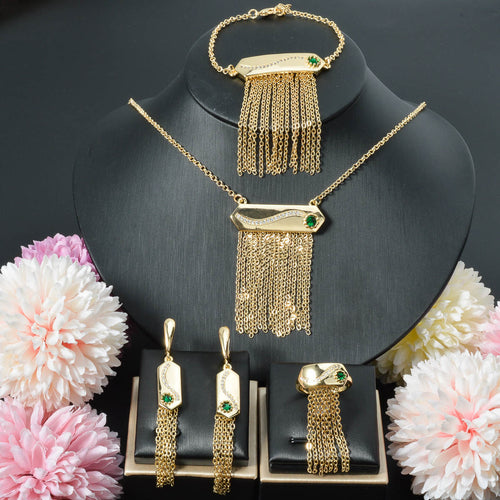 Dubai Overseas 18K Gold Light Luxury Simple Fringe Glossy Necklace Bracelet Set Ring Earrings Design Detail Wedding Set