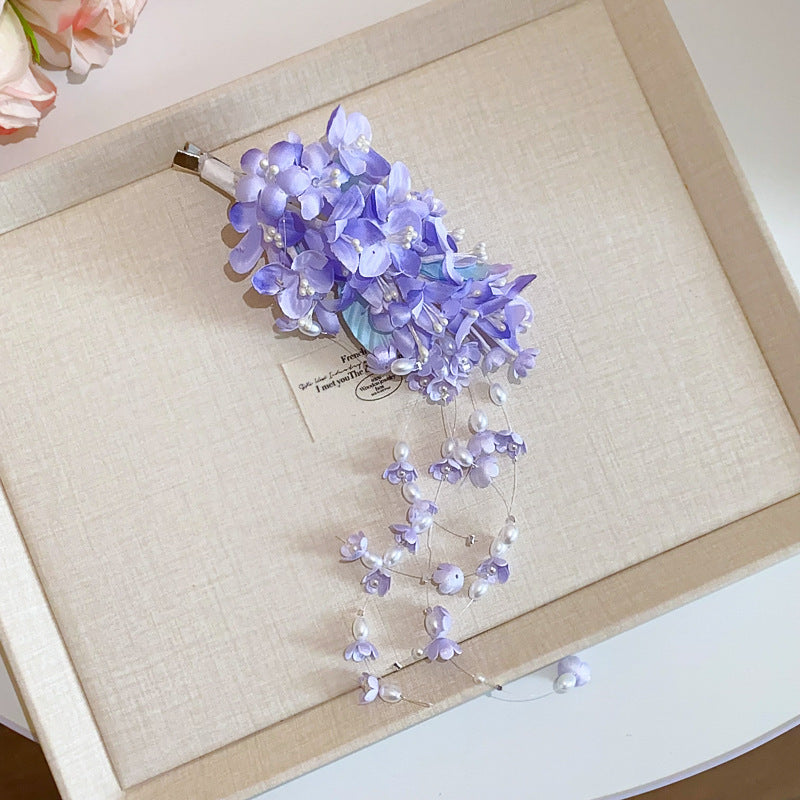 Fabric Pearl Flower Leaf Tassel Hair Clip - view 11