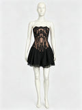 Mesh Tie-Front Short Skirt + Skirt + Top 2-Piece Set