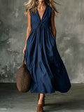 Elegant V-Neck Pocket Pleated Sleeveless Camisole Dress