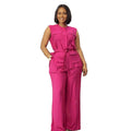 Office Casual Sleeveless Crew Neck Tie-Front Wide Leg Pants + Cardigan + Tank Top 2-Piece Set