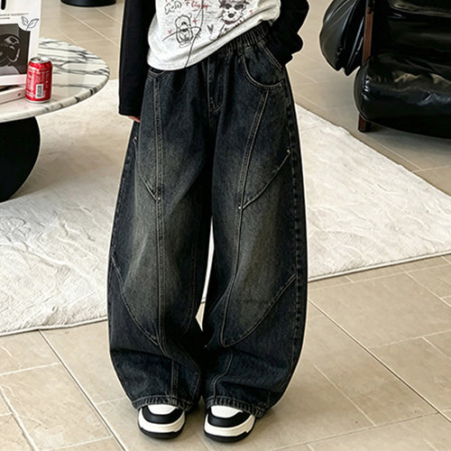 Girls' American Retro Spliced Curved-Leg Wide Pants