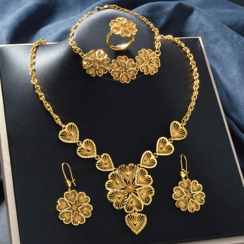 EU/US Import Accessory Fashionable Design Detail Heart Necklace Bracelet Earrings Ring Set 3D Heart Necklace