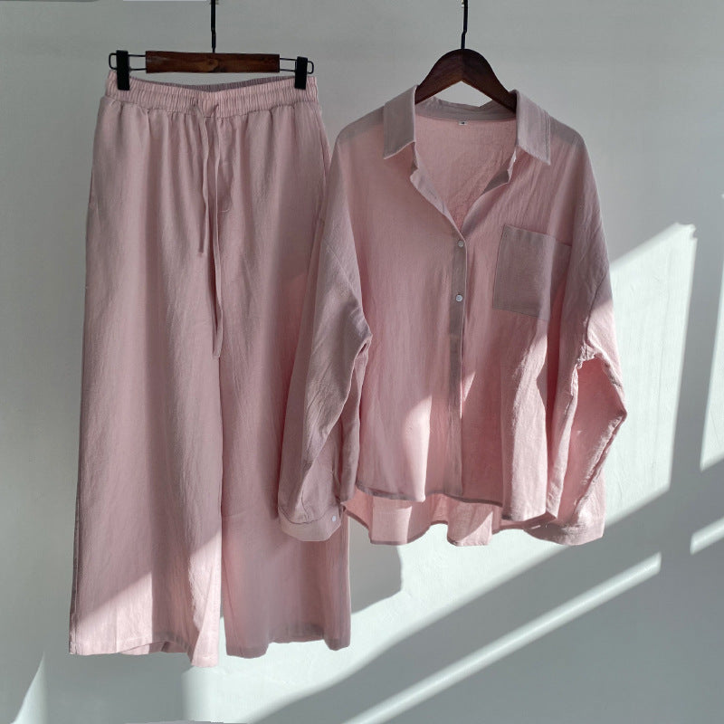 Women's 2026 Retro Plus Size Linen Cotton High Waist Loose Shirt + Pants 2-Piece Set - Pink