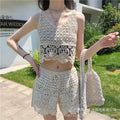 Women's Summer Bohemian Ethnic Lace Crochet Hollow-Out Crochet Camisole + Shorts 2-Pi - White