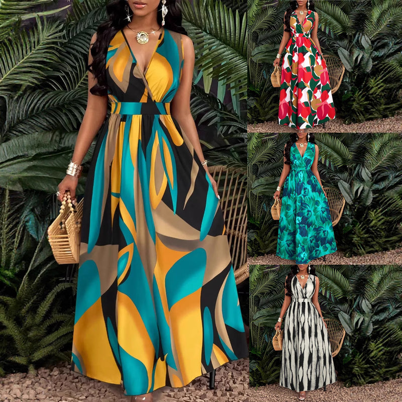 Tropical Print V-Neck Twist Knit Fitted Trumpet Skirt Dress