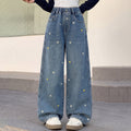 Girls' Heart Embroidered Wide-Leg Straight Jeans