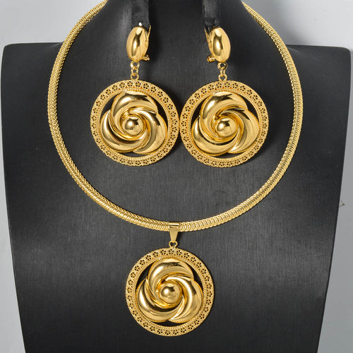Overseas Dubai Bride Ancient Craft Gold Jewelry Round Flower Set Pendant Earrings Necklace Ni Day Profit Asia Women Wedding