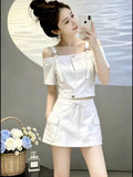 Summer Trendy Fashion Short Sleeve Off-Shoulder Cropped Skirt + Camisole Set