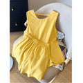 Summer Fashion Elegant Linen Cotton Sleeveless Hollow-Out Loose Tank Top + Shorts 2-Piece Set