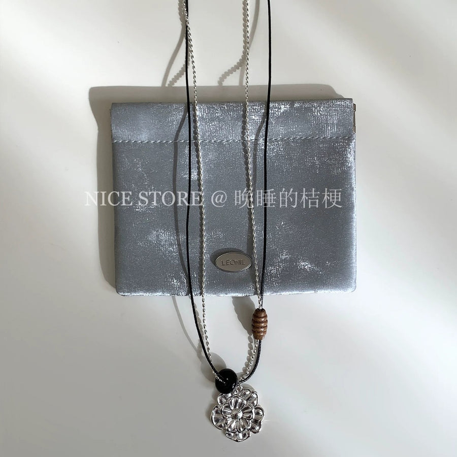 Korean Layered Leather Wood Flower Necklace - view 2