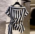 French Elegant Lapel Collar Waist-Tie Striped Asymmetric Shirt