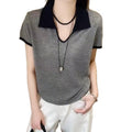 Women's Summer Elegant Unique Short Sleeve Lapel Collar Color-Block Knit Top 2026 - Off-White