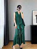 Sleeveless Pleated Asymmetric Drapey Wide Leg Pants + Top Set