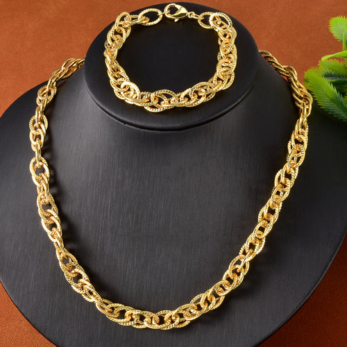 EU/US Import Accessory Trendy Hip-Hop Simple Chunky Chain Stripe Single Layer Necklace Bracelet Set Copper Gold Plated Clavicle Chain Set