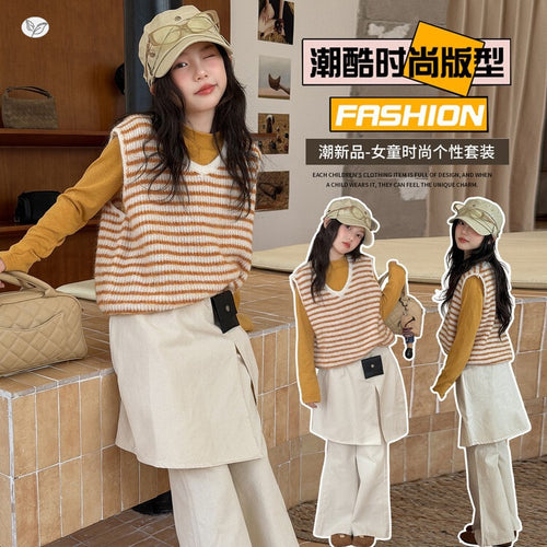 Girls' Layered Vest Base Tee Flared Wide-Leg Pants Set