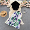 Summer Retro Unique Sleeveless Pleated Shirt + Long Skirt 2-Piece Set