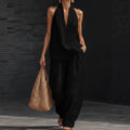 Summer Old Money Relaxed Linen Short Sleeve V-Neck Loose Wide Leg Pants + Top 2-Piece Set