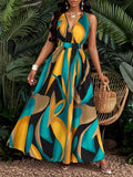 Tropical Print V-Neck Twist Knit Fitted Trumpet Skirt Dress