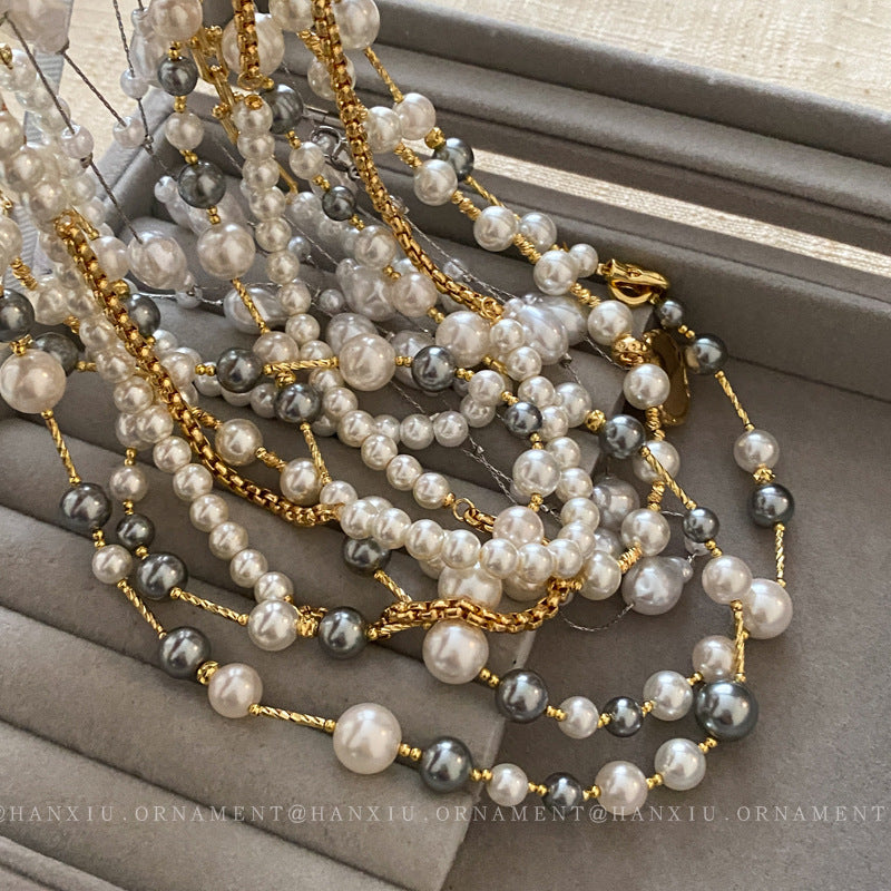 French Layered Rhinestone Pearl Necklace - view 2