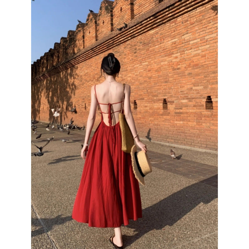 Red Backless Camisole Long Dress, Vacation Photo Style