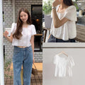 Summer Korean Gentle Lace Short Sleeve Square Neck Patchwork Shirt