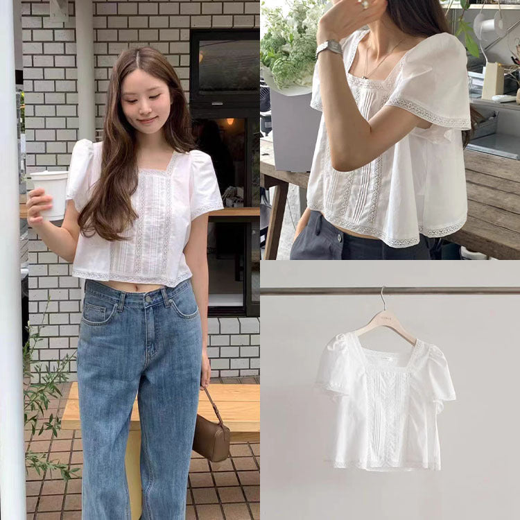 Summer Korean Gentle Lace Short Sleeve Square Neck Patchwork Shirt