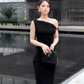 Off-Shoulder Sleeveless Slit Fitted Long Dress, Minimalist
