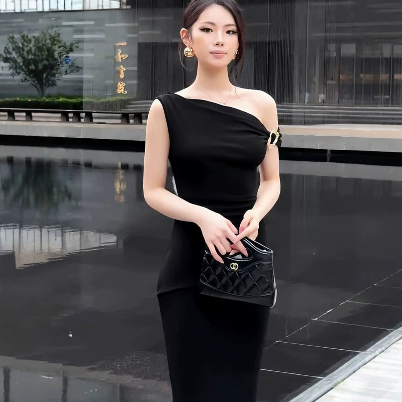Off-Shoulder Sleeveless Slit Fitted Long Dress, Minimalist