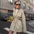 Fall-Winter Cotton Stand Collar Drawstring Waist-Tie Mid-Length Jacket