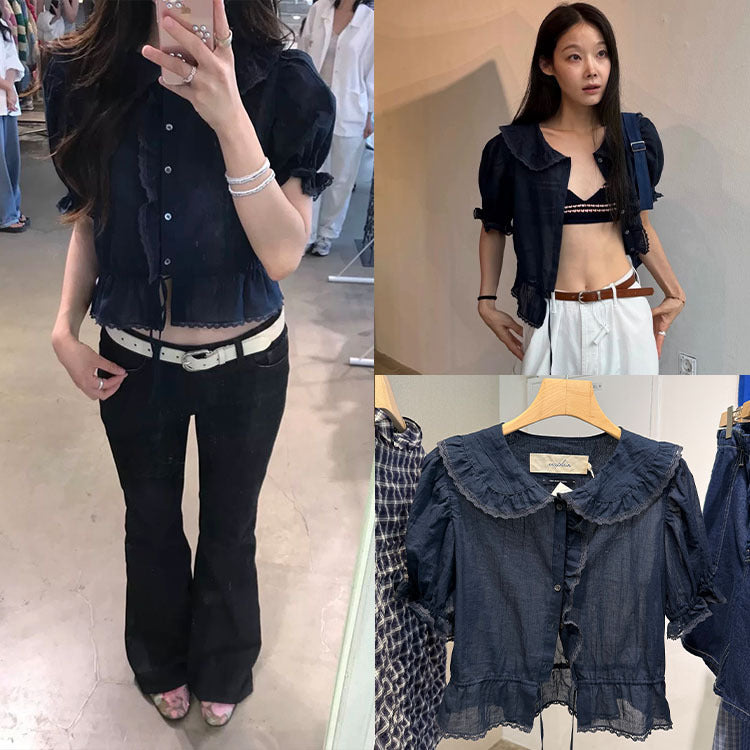 Summer Korean Slimming Lace Short Sleeve Peter Pan Collar Drawstring Shirt