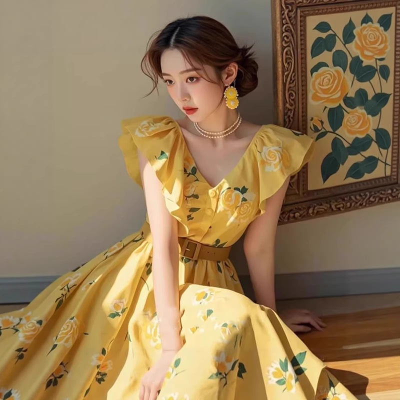 French Vacation Plus Size Mini Flutter Sleeve Printed Rose Dress