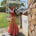 Women's Ethnic Jacquard Knit Tie-Front Color-Block Wide Leg Pants + Tank Top + Skirt - As Pictured