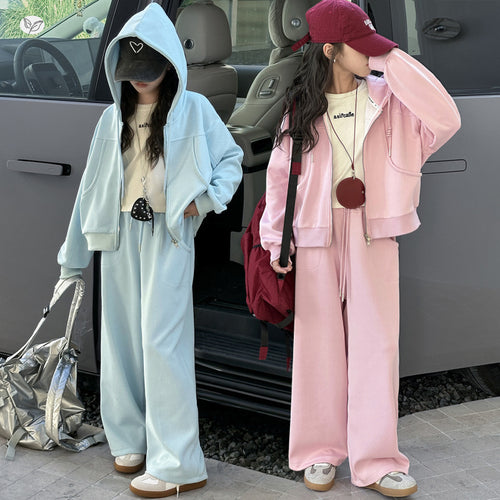 Girls' Short Hooded Dual Zip Jacket & Wide-Leg Pants Set