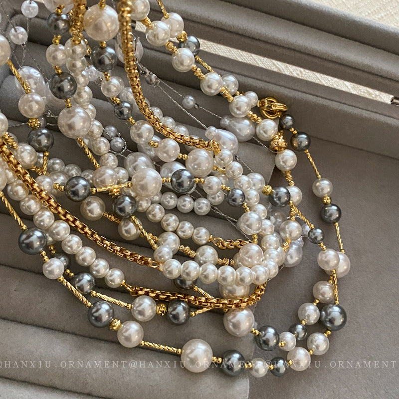 French Layered Rhinestone Pearl Necklace - view 4