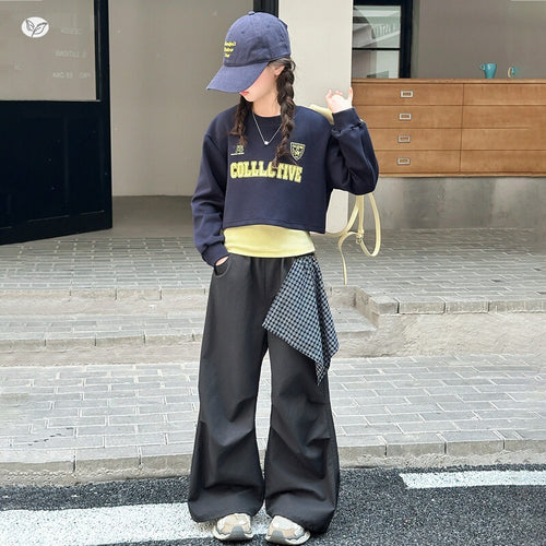 Girls' Short Letter Hoodie Wide-Leg Pants Casual Set