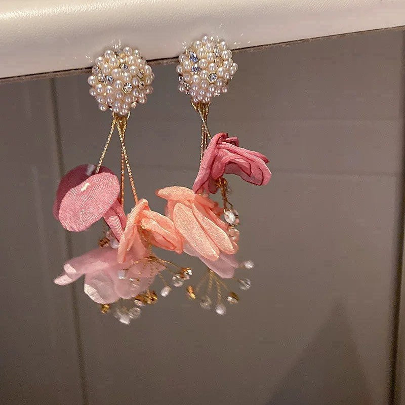 Pink Seed Bead Flower Pearl Tassel Earrings - view 6