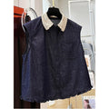 Women's Summer Korean Casual Sleeveless Lapel Collar Lightweight Shirt + Vest + Tank - Dark Denim