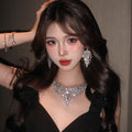 Silver Heavy-Duty v Type Full Diamond Fringe Necklace Earrings Set Clasp Design Elegant Drop Evening Gown Accessory Item